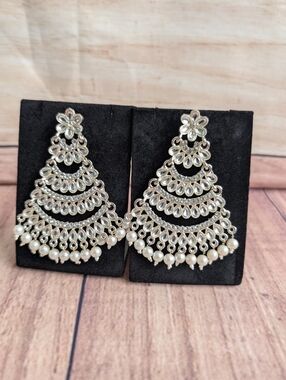 Kundan Chandbali Earrings with Pearl Drops